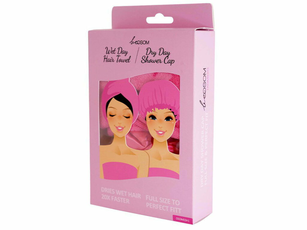 Be OSOM dušo kepurėlė ir turbanas plaukams Shower Cap  and Hair Towel, OSOM03H1, rausvos spalvos