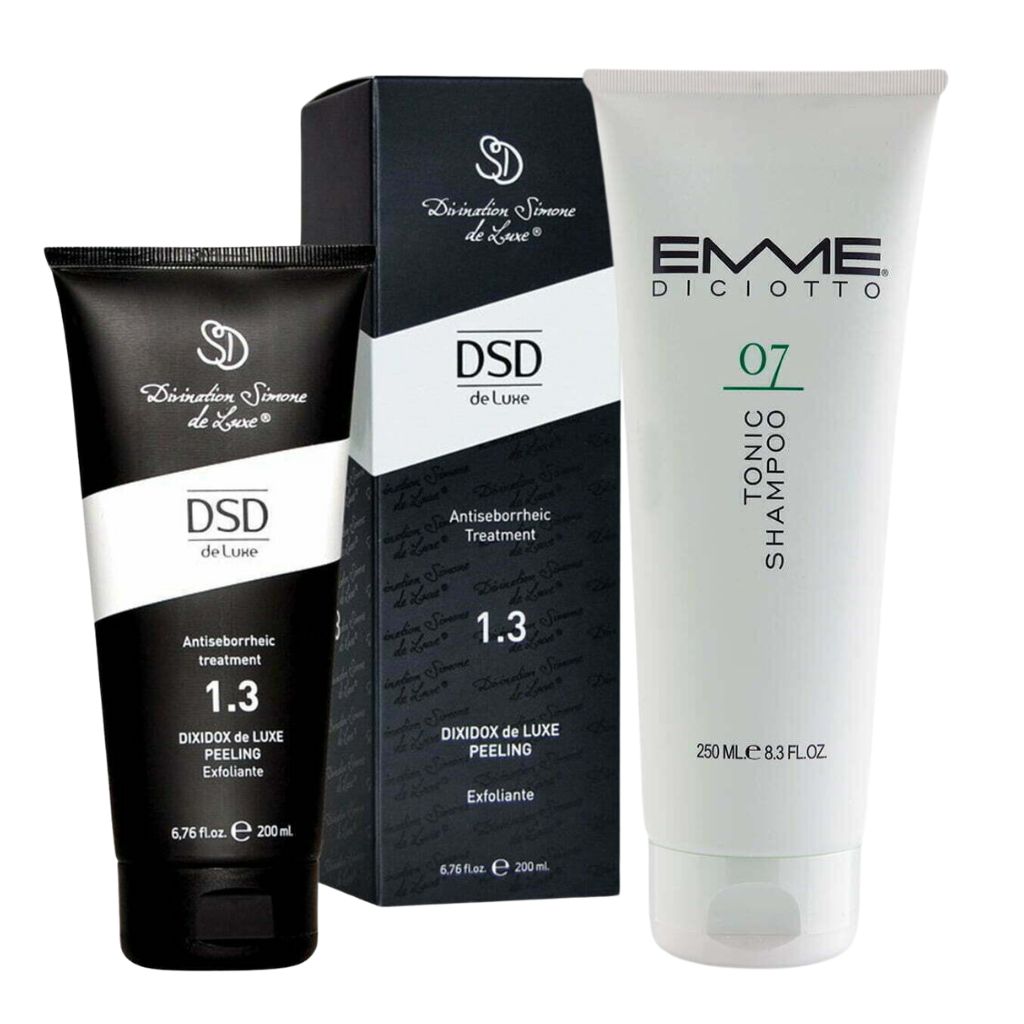 Rinkinys riebiai galvos odai: tonizuojantis šampūnas Nr. 07 (250 ml) + galvos odos šveitiklis Dixidox de Luxe Antiseborrheic Treatment Peeling DSD1.3, 200 ml