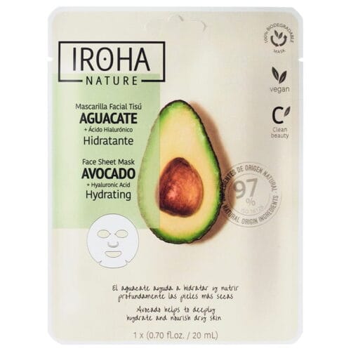 Iroha drėkinamoji veido kaukė Hydrating Face Sheet Mask Avocado And Hyaluronic Acid MTIN25, su avokadu ir hialurono rūgštimi