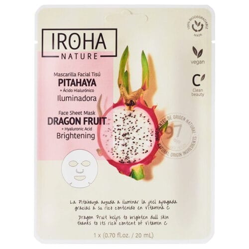 Skaistinamoji veido kaukė Iroha Brightening Face Sheet Mask Dragon Fruit & Hyaluronic Acid MTIN27, su drakono vaisiumi ir hialurono rūgštimi