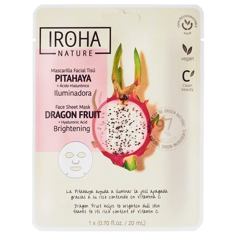 Skaistinamoji veido kaukė Iroha Brightening Face Sheet Mask Dragon Fruit & Hyaluronic Acid MTIN27, su drakono vaisiumi ir hialurono rūgštimi