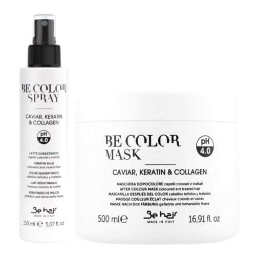 RINKINYS: Be hair greito veikimo kaukė dažytų, pažeistų plaukų priežiūrai BE COLOR (pH-3.8-4.2) + Be hair nuskalaujamas purškiklis dažytiems, pažeistiems plaukams KERATIN MILK BE COLOR (pH-3.8-4.2)