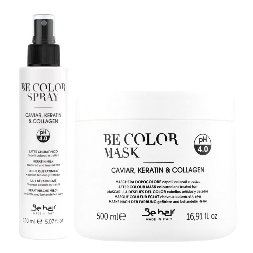 RINKINYS: Be hair greito veikimo kaukė dažytų, pažeistų plaukų priežiūrai BE COLOR (pH-3.8-4.2) + Be hair nuskalaujamas purškiklis dažytiems, pažeistiems plaukams KERATIN MILK BE COLOR (pH-3.8-4.2)