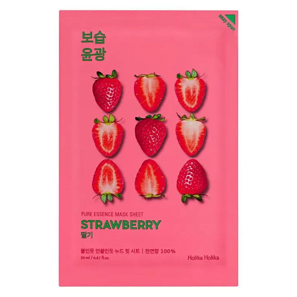 Holika Holika lakštinė veido kaukė su braškių ekstraktu Pure Essence Mask Sheet - Strawberry HH20010108, šviesina veido odą, 20ml