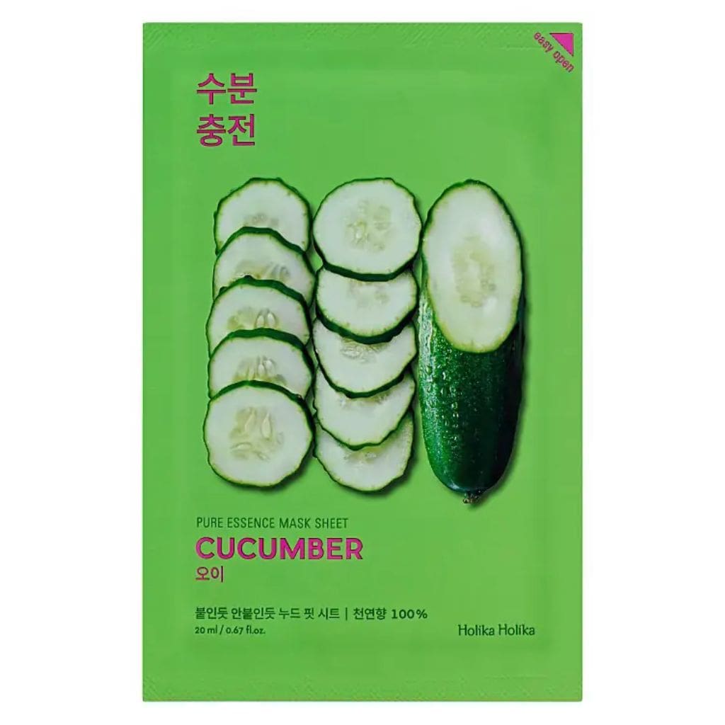 Holika Holika lakštinė veido kaukė su agurkų ekstraktu Pure Essence Mask Sheet - Cucumber HH20010102, maloniai vėsina veido odą, 20ml