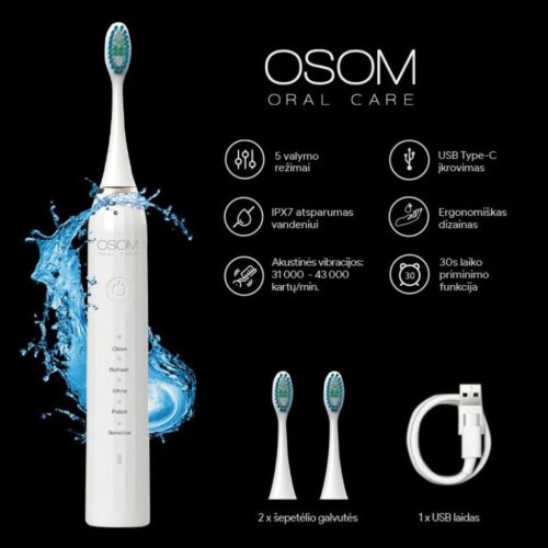 OSOM Oral Care įkraunamas, elektrinis, garsinis dantų šepetėlis Toothbrush White OSOMORALM1WH, baltos spalvos