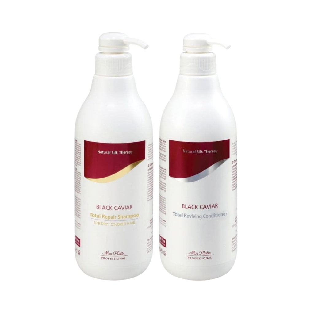 Mon Platin plaukų priežiūros rinkinys su juodaisiais ikrais, skirtas atstatyti sausus ir dažytus plaukus