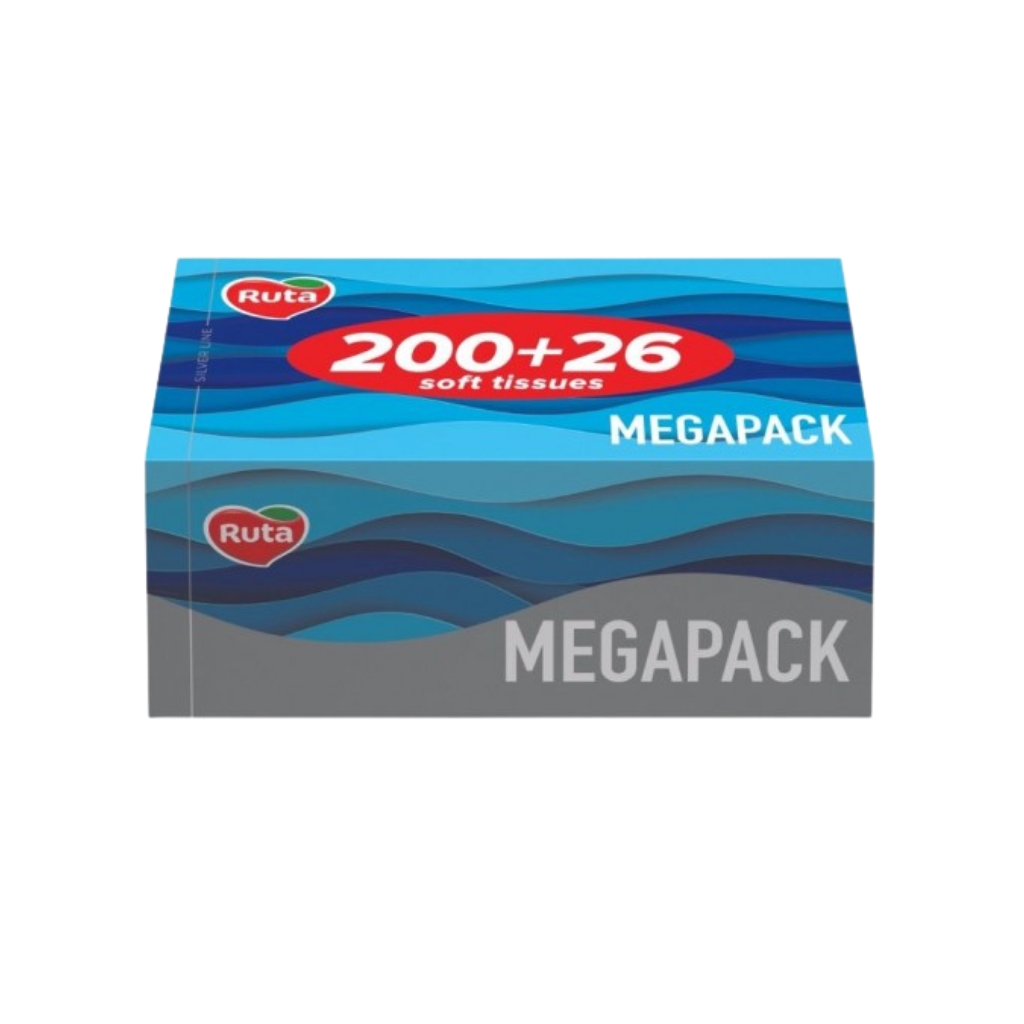 RUTA kosmetinės servetėlės Family Pack Brick 2 sluoksnių baltos, 200 vnt dėžutėje, dėžutės spalva parenkama atsitiktine tvarka